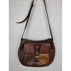 Vintage 90s Y&S Faux Leather Equestrian Saddle Bag Crossbody Brown Horse Crest‎